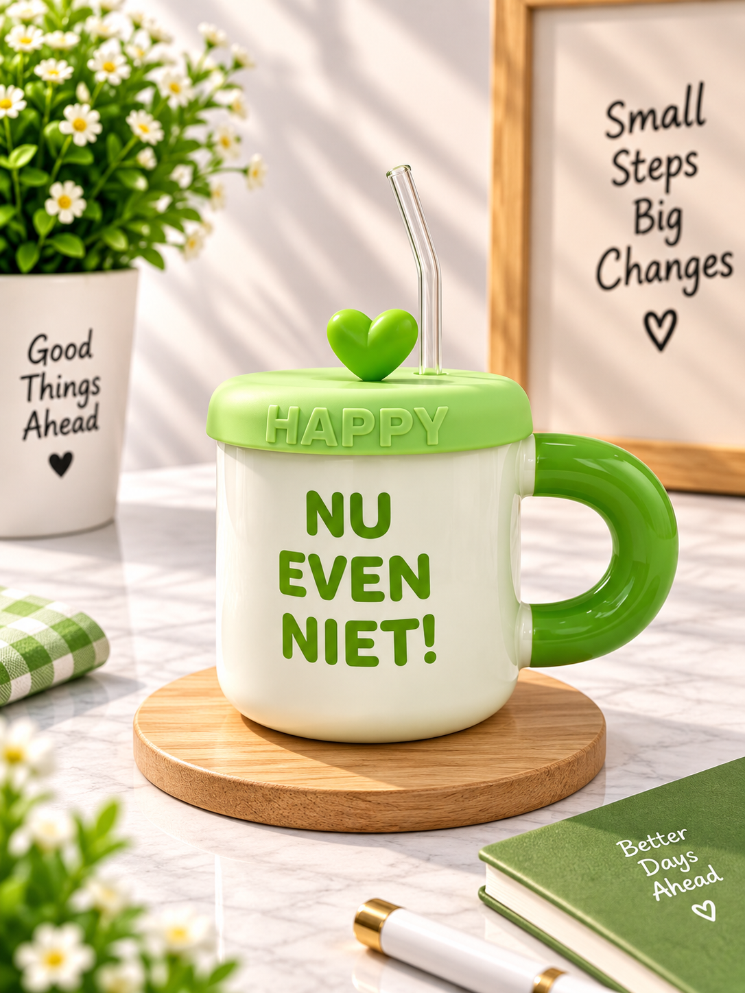 Ceramic mug with green heart lid, straw, heart handle; “NU EVEN NIET!”